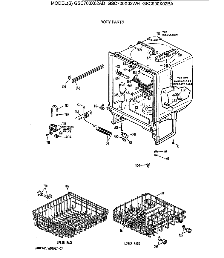 BODY PARTS Diagram and Parts List for GSC700X02AD  General Electric Dishwasher