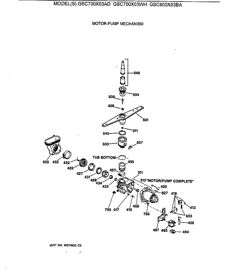 MOTOR - PUMP MECHANISM Diagram and Parts List for GSC700X03WH  General Electric Dishwasher