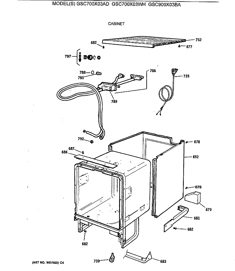 CABINET Diagram and Parts List for GSC700X03WH  General Electric Dishwasher