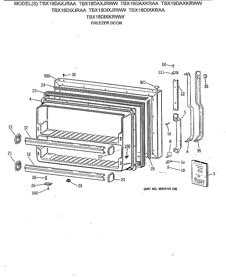 FREEZER DOOR Diagram and Parts List for TBX18DAXKRWW  General Electric Refrigerator