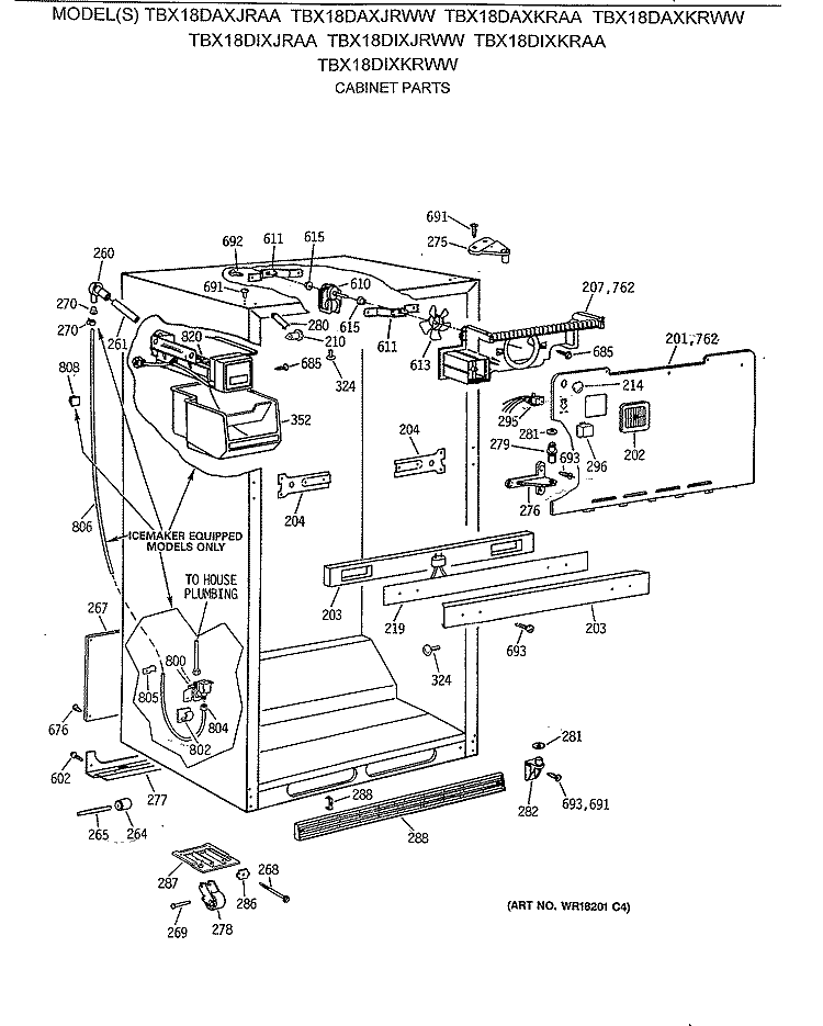 CABINET PARTS Diagram and Parts List for TBX18DAXKRWW  General Electric Refrigerator