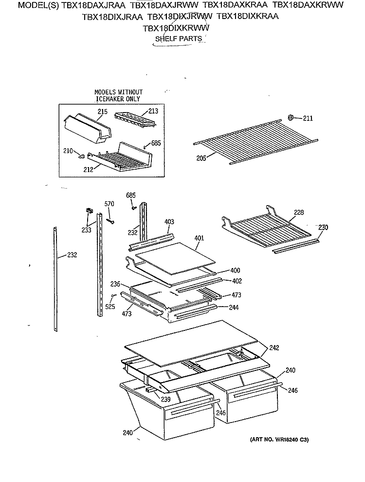 SHELF PARTS Diagram and Parts List for TBX18DAXKRWW  General Electric Refrigerator
