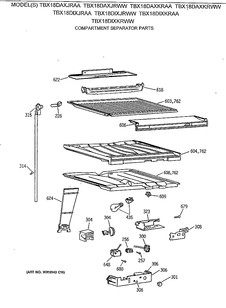 COMPARTMENT SEPARATOR PARTS Diagram and Parts List for TBX18DAXKRWW  General Electric Refrigerator