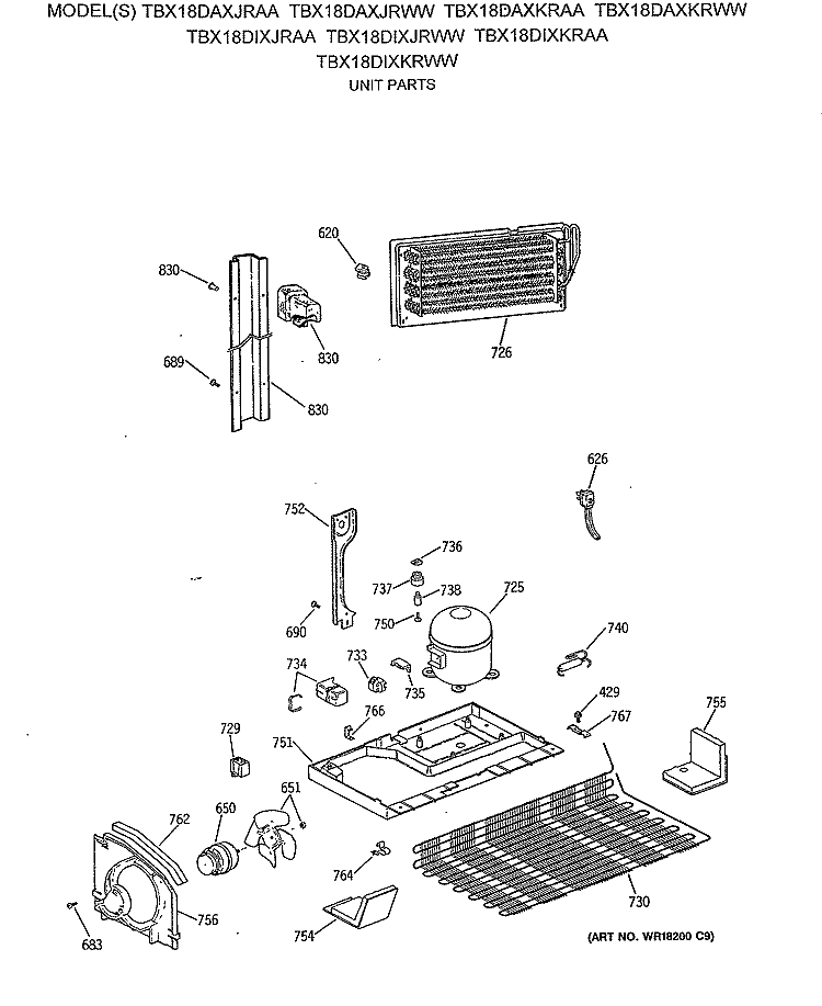 UNIT PARTS Diagram and Parts List for TBX18DAXKRWW  General Electric Refrigerator