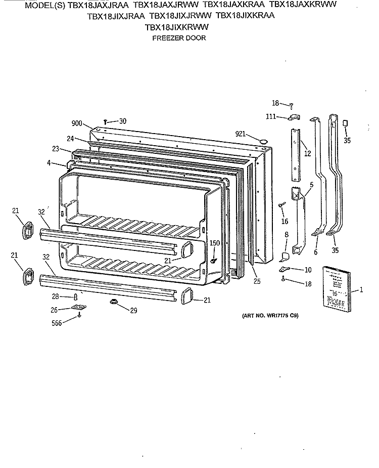 FREEZER DOOR Diagram and Parts List for TBX18JAXKRAA  General Electric Refrigerator