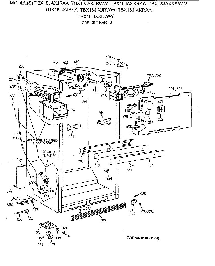 CABINET PARTS Diagram and Parts List for TBX18JAXKRAA  General Electric Refrigerator