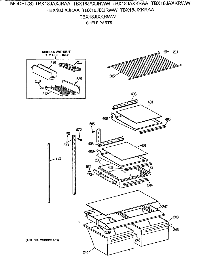 SHELF PARTS Diagram and Parts List for TBX18JAXKRAA  General Electric Refrigerator