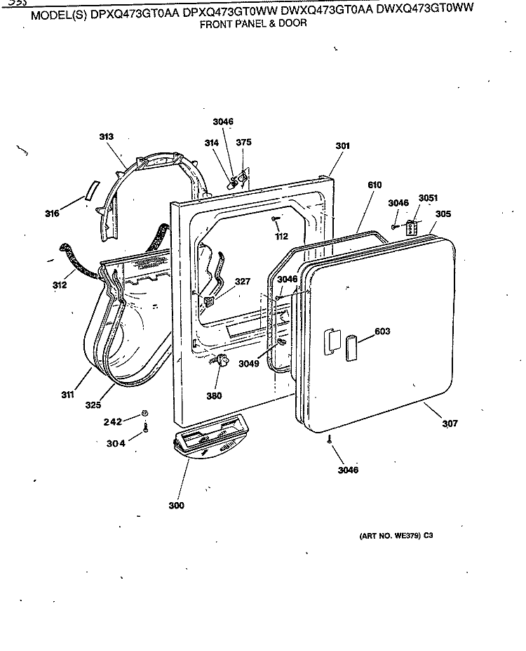 FRONT PANEL & DOOR Diagram and Parts List for DPXQ473GT0WW  General Electric Dryer