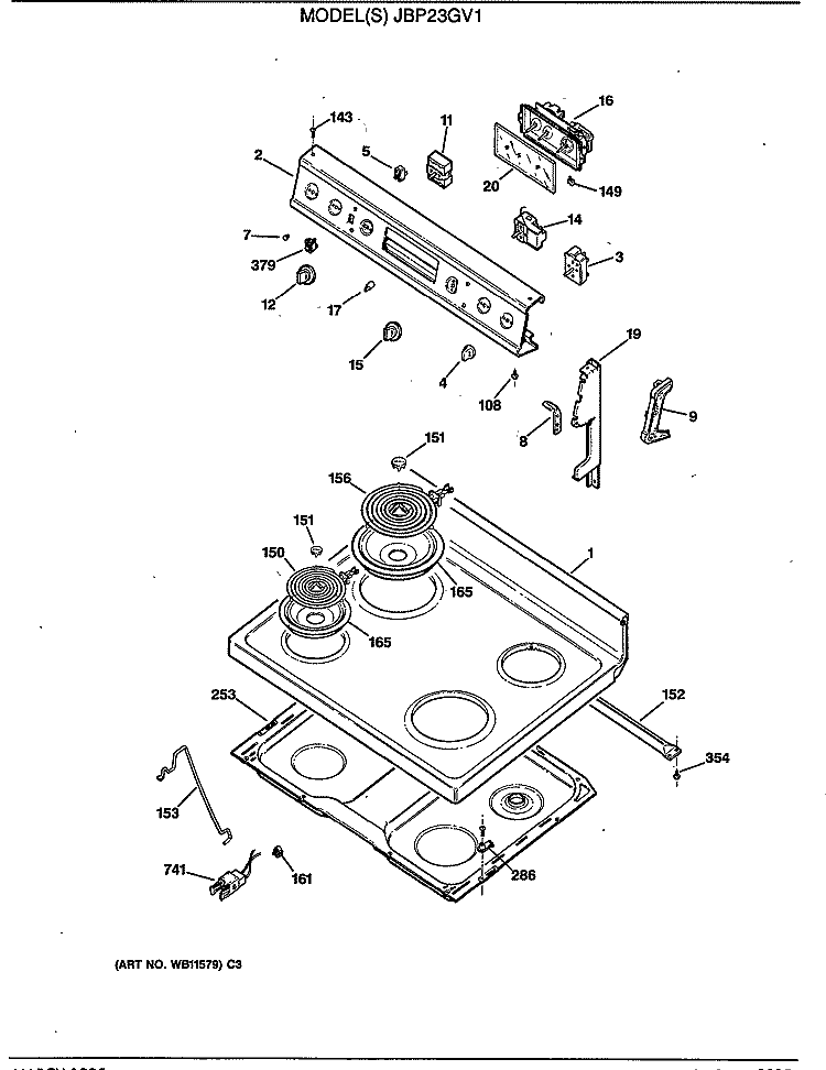 Section Diagram and Parts List for JBP23GV1  General Electric Range