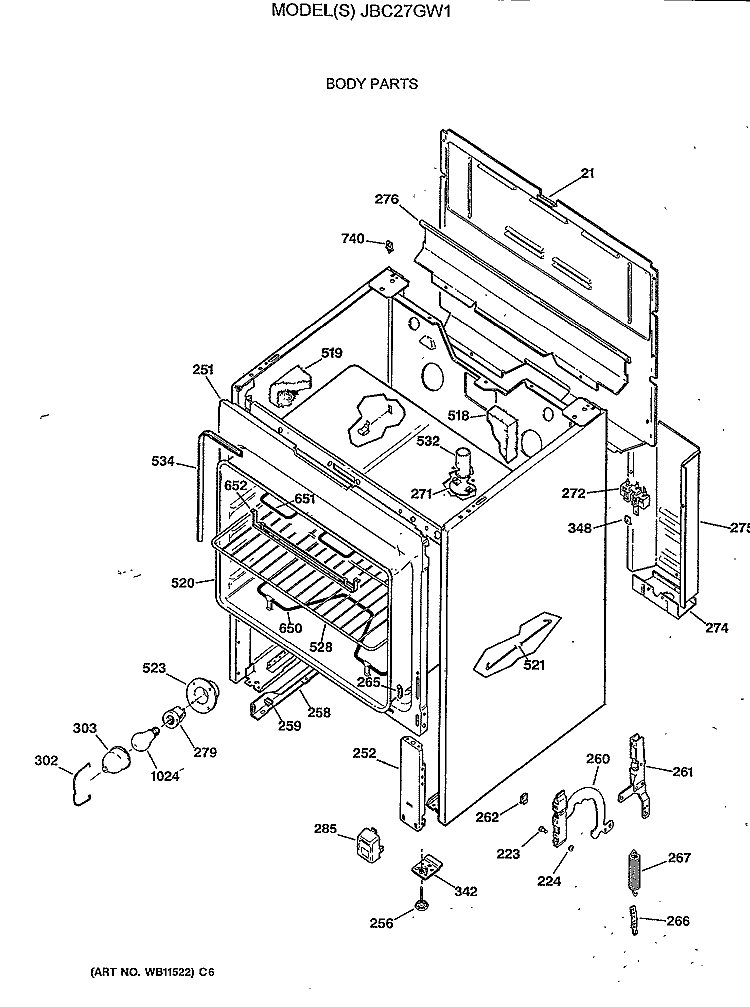 BODY PARTS Diagram and Parts List for JBC27GW1  General Electric Range