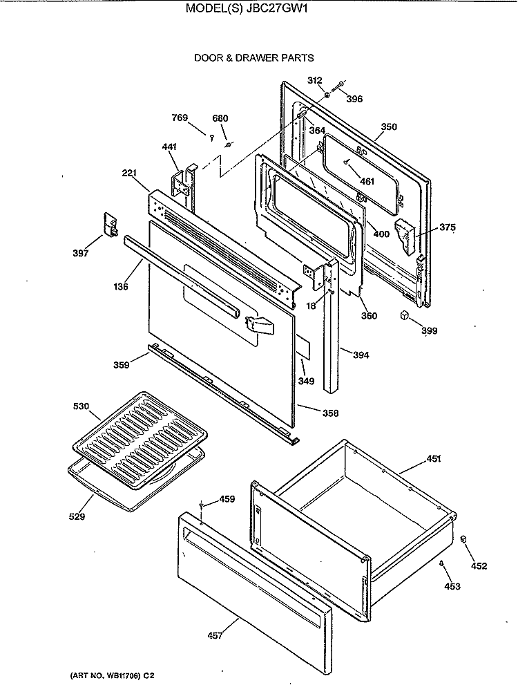 DOOR & DRAWER PARTS Diagram and Parts List for JBC27GW1  General Electric Range