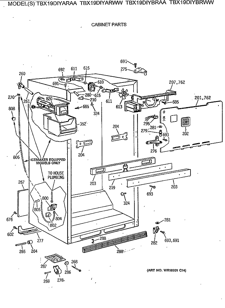 CABINET PARTS Diagram and Parts List for TBX19DIYARAA  General Electric Refrigerator