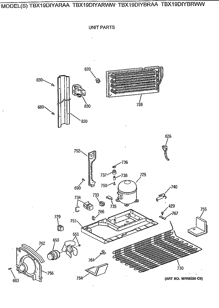 UNIT PARTS Diagram and Parts List for TBX19DIYARAA  General Electric Refrigerator