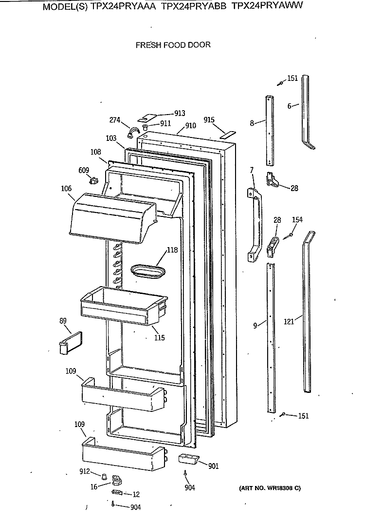 FRESH FOOD DOOR Diagram and Parts List for TPX24PRYABB  General Electric Refrigerator