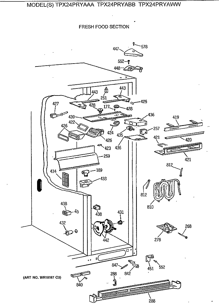 FRESH FOOD SECTION Diagram and Parts List for TPX24PRYABB  General Electric Refrigerator