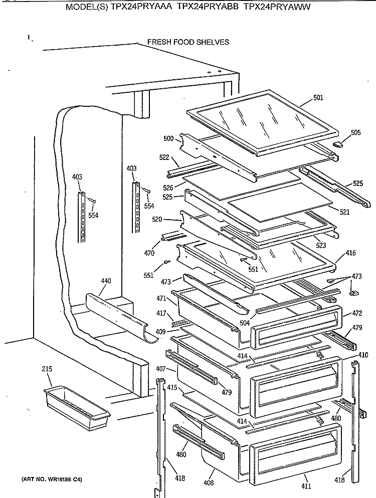 FRESH FOOD SHELVES Diagram and Parts List for TPX24PRYABB  General Electric Refrigerator