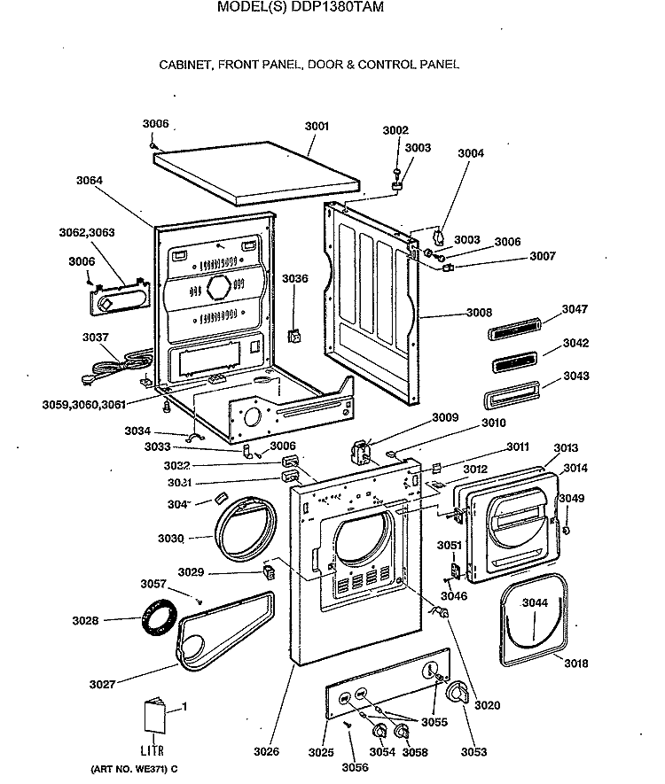 CABINET, FRONT PANEL, DOOR & CONTROL PANEL Diagram and Parts List for DDP1380TAM  General Electric Dryer