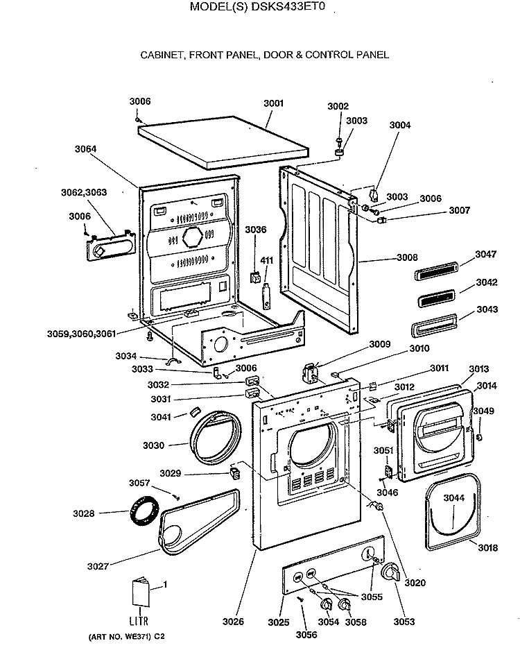 CABINET, FRONT PANEL, DOOR & CONTROL PANEL Diagram and Parts List for DSKS433ET0  General Electric Dryer