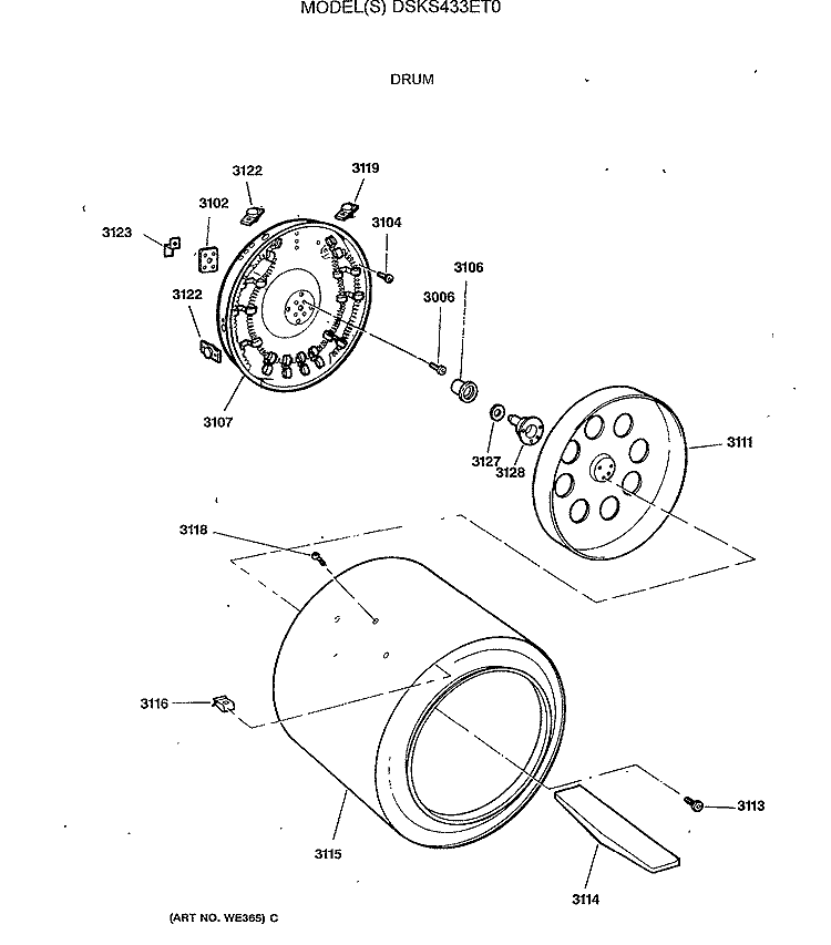 DRUM Diagram and Parts List for DSKS433ET0  General Electric Dryer