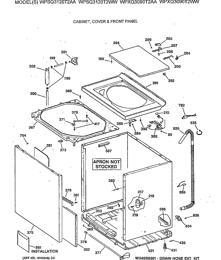CABINET, COVER & FRONT PANEL Diagram and Parts List for WPXQ3090T2AA  General Electric Washer