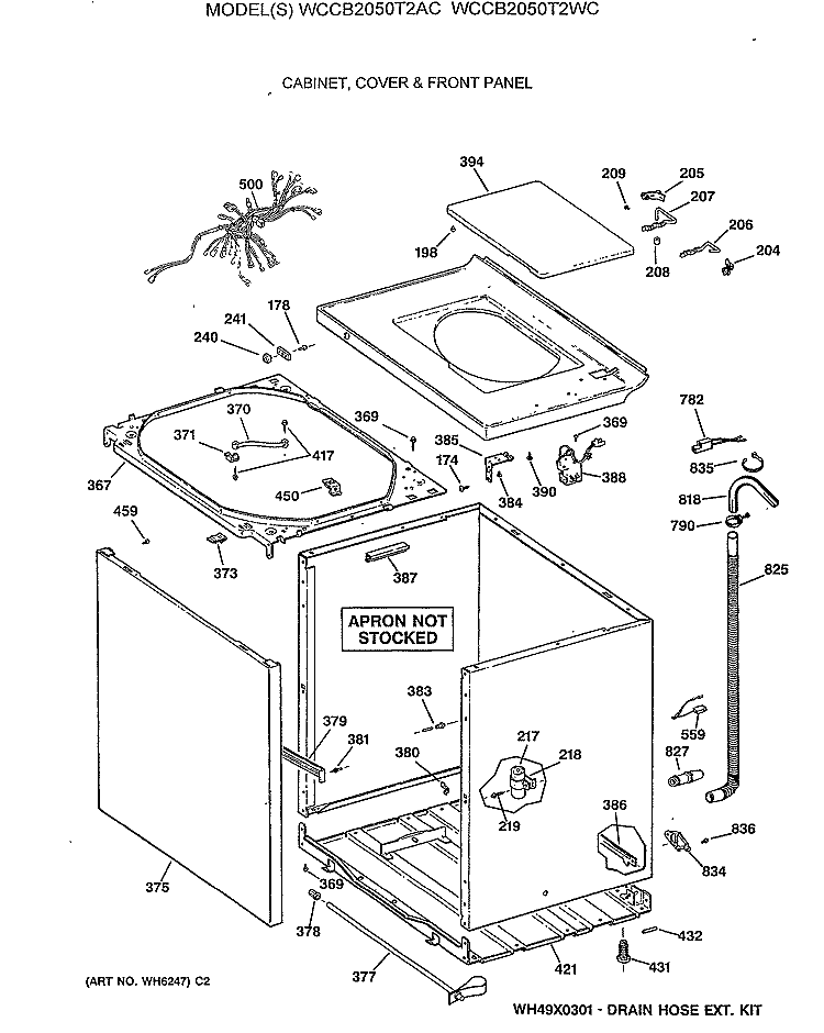 CABINET, COVER & FRONT PANEL Diagram and Parts List for WCCB2050T2AC  General Electric Washer