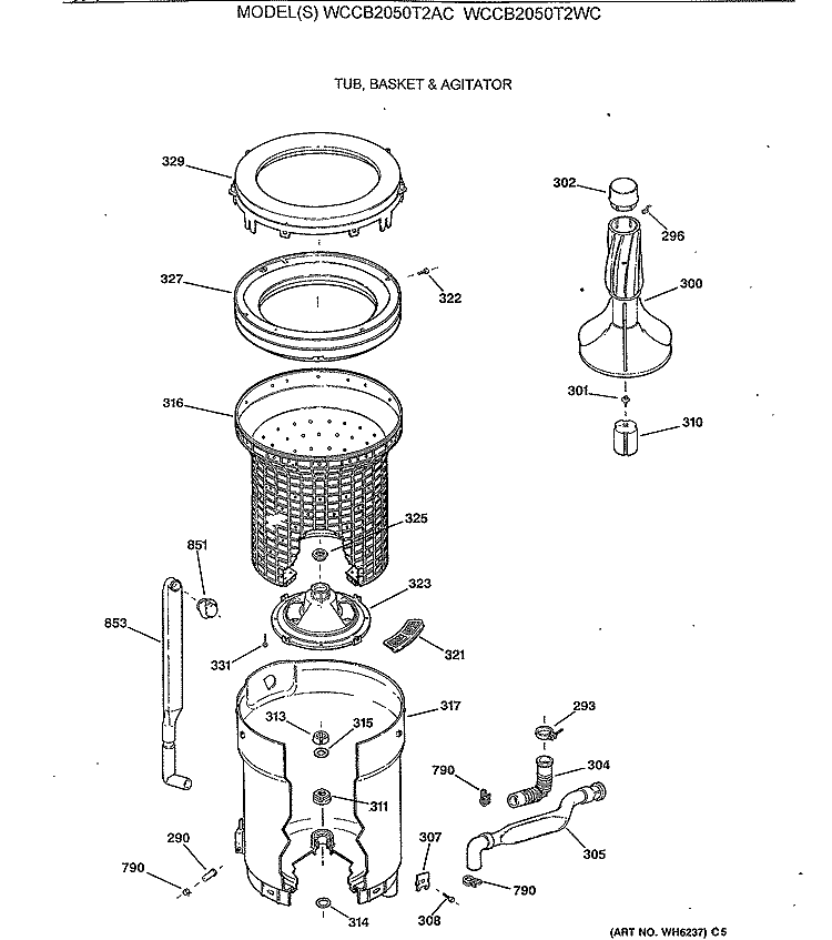 TUB, BASKET & AGITATOR Diagram and Parts List for WCCB2050T2AC  General Electric Washer