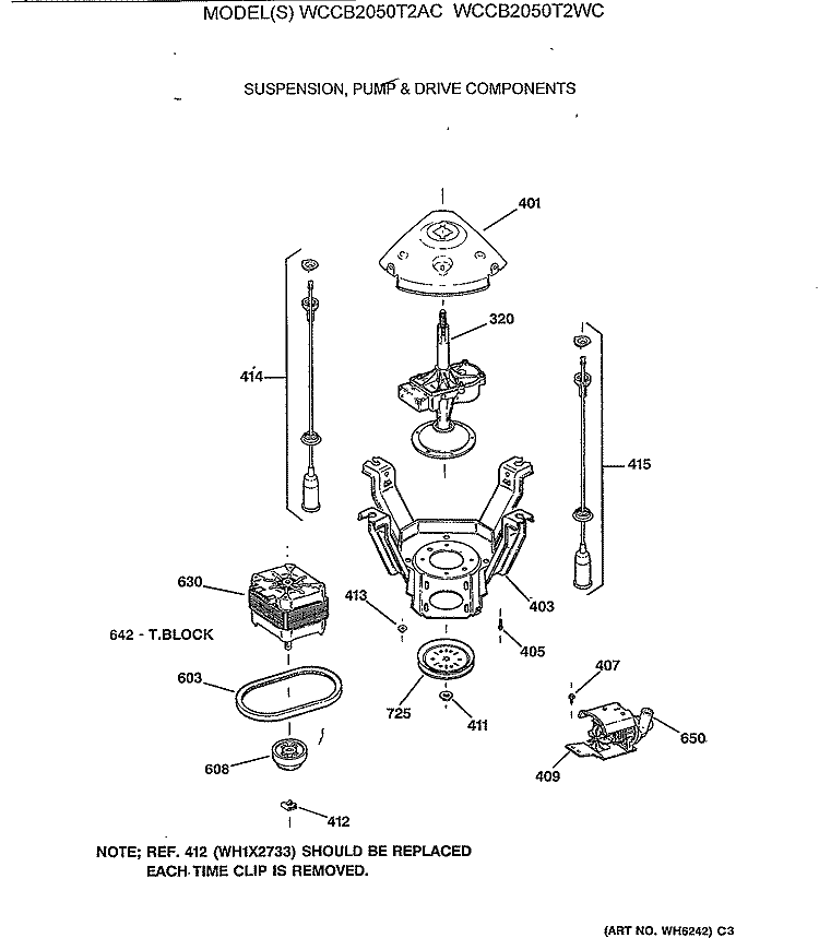 SUSPENSION, PUMP & DRIVE COMPONENTS Diagram and Parts List for WCCB2050T2AC  General Electric Washer