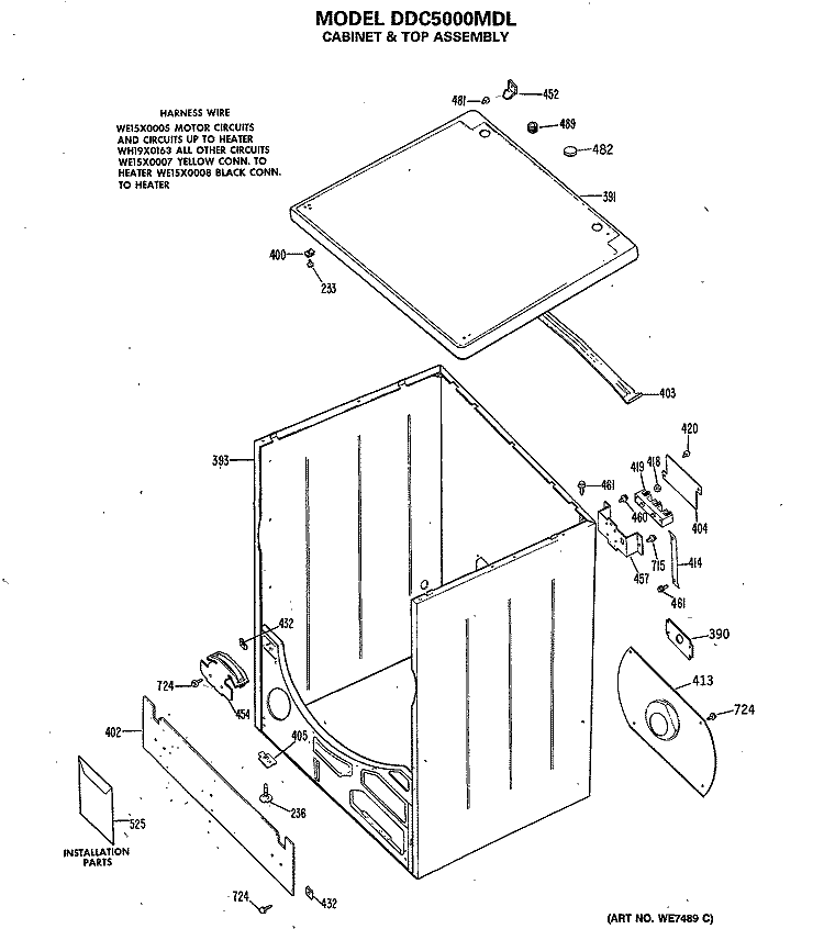 CABINET & TOP ASSEMBLY Diagram and Parts List for DDC5000MDL  General Electric Dryer