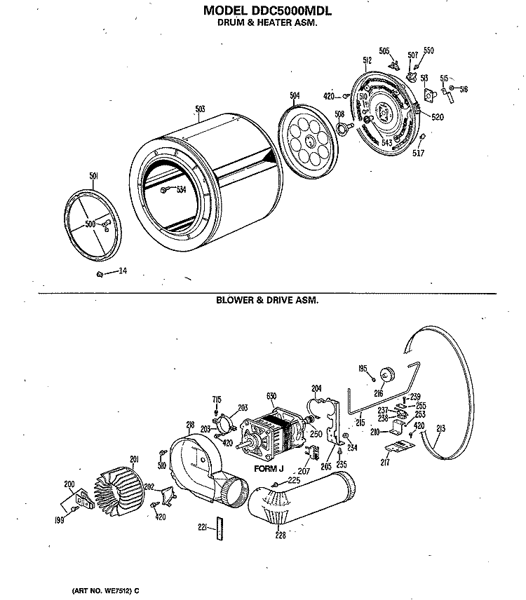 DRUM & HEATER ASM. Diagram and Parts List for DDC5000MDL  General Electric Dryer