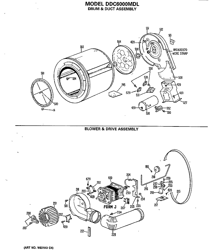 DRUM & DUCT ASSEMBLY Diagram and Parts List for DDC6000MDL  General Electric Dryer