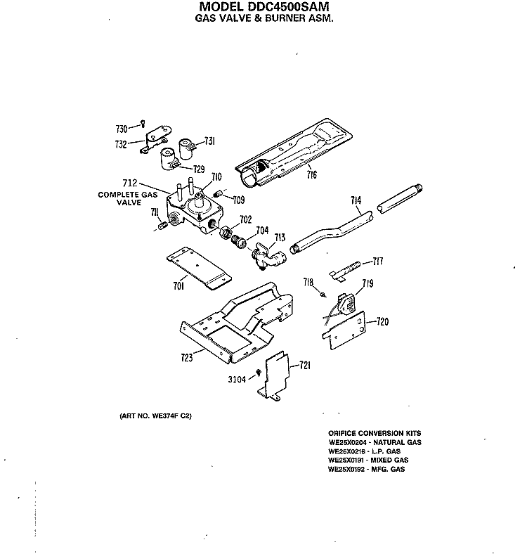 GAS VALVE & BURNER ASM. Diagram and Parts List for DDC4500SAM  General Electric Dryer