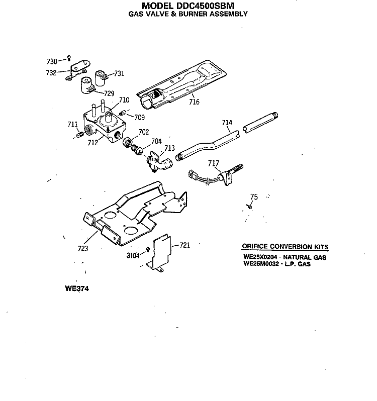 GAS VALVE & BURNER ASSEMBLY Diagram and Parts List for DDC4500SBM  General Electric Dryer