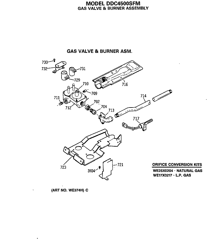 GAS VALVE & BURNER ASSEMBLY Diagram and Parts List for DDC4500SFM  General Electric Dryer