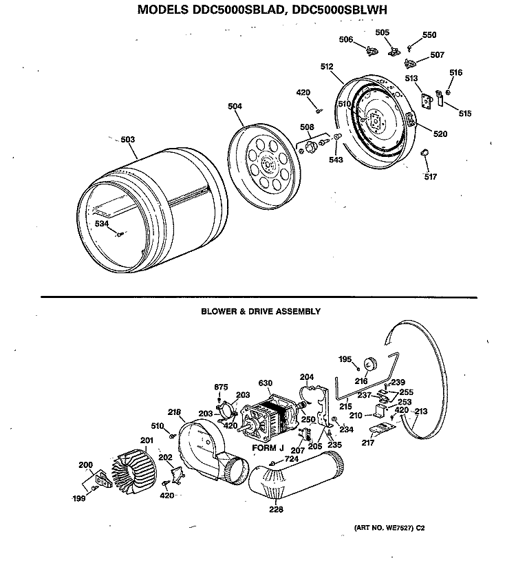 BLOWER & DRIVE ASSEMBLY Diagram and Parts List for DDC5000SBLAD  General Electric Dryer
