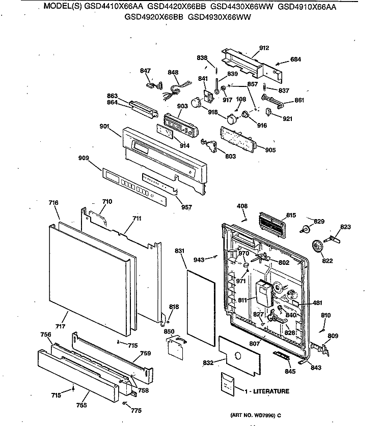 Section Diagram and Parts List for GSD4410X66AA  General Electric Dishwasher