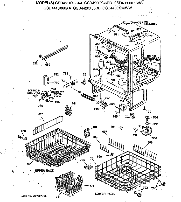 Section Diagram and Parts List for GSD4410X66AA  General Electric Dishwasher
