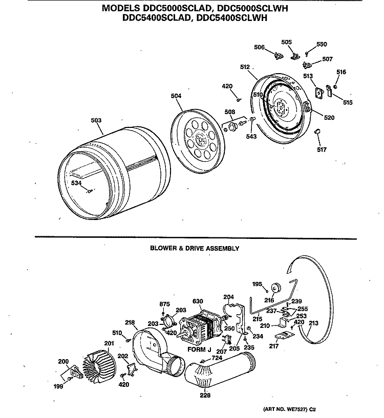 BLOWER & DRIVE ASSEMBLY Diagram and Parts List for DDC5400SCLAD  General Electric Dryer