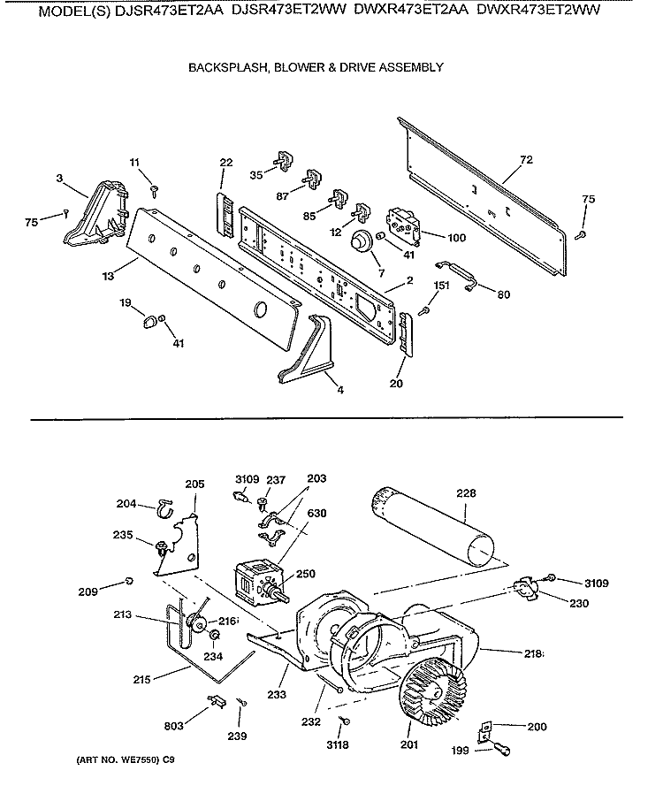 BACKSPLASH, BLOWER & DRIVE ASSEMBLY Diagram and Parts List for DWXR473ET2WW  General Electric Dryer