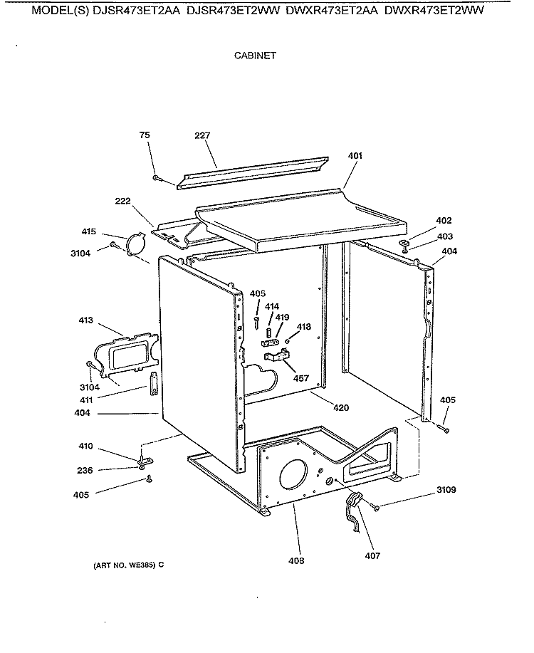 CABINET Diagram and Parts List for DWXR473ET2WW  General Electric Dryer