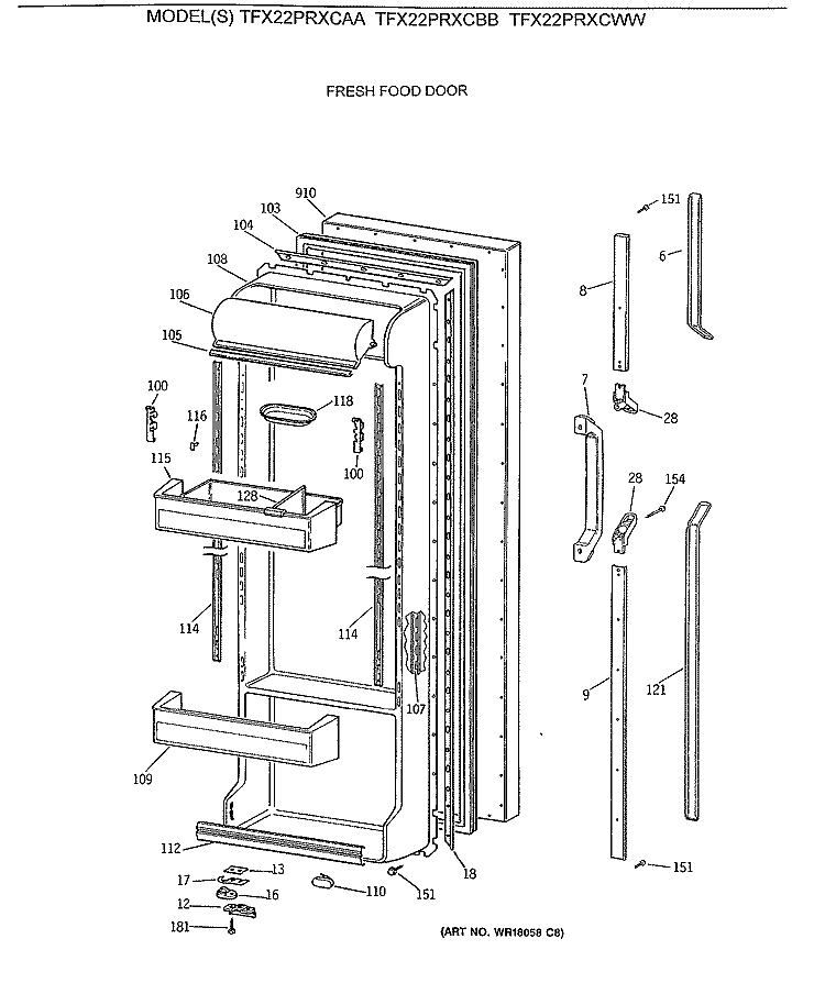 FRESH FOOD DOOR Diagram and Parts List for TFX22PRXCAA  General Electric Refrigerator
