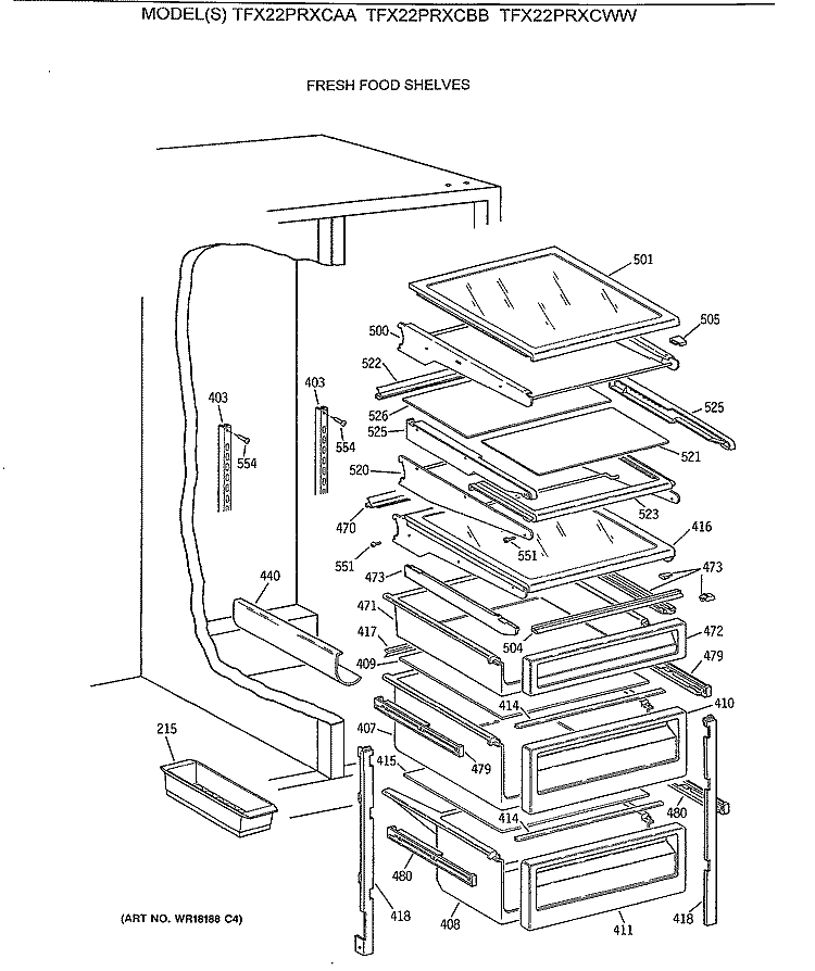 FRESH FOOD SHELVES Diagram and Parts List for TFX22PRXCAA  General Electric Refrigerator