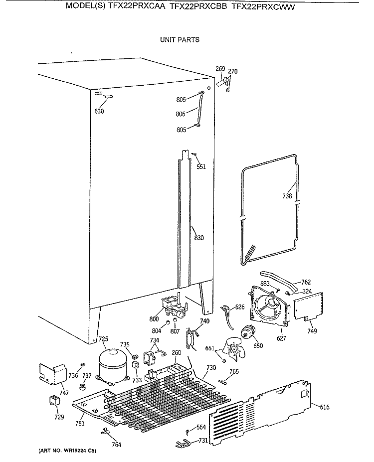 UNIT PARTS Diagram and Parts List for TFX22PRXCAA  General Electric Refrigerator
