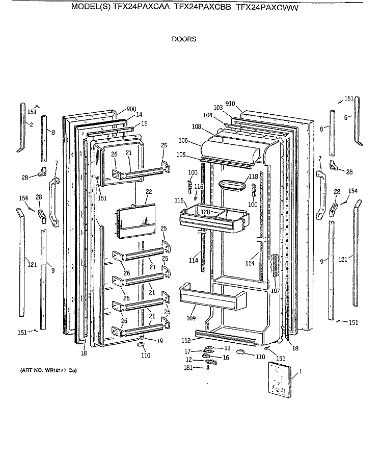 DOORS Diagram and Parts List for TFX24PAXCAA  General Electric Refrigerator