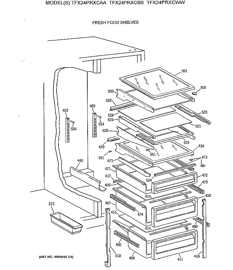 FRESH FOOD SHELVES Diagram and Parts List for TFX24PRXCAA  General Electric Refrigerator