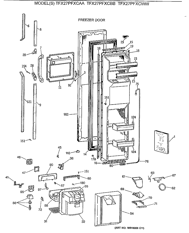 FREEZER DOOR Diagram and Parts List for TFX27PFXCBB  General Electric Refrigerator