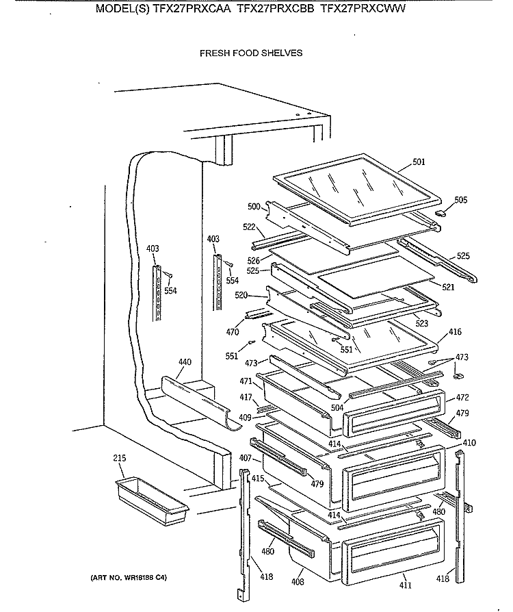 FRESH FOOD SHELVES Diagram and Parts List for TFX27PRXCBB  General Electric Refrigerator