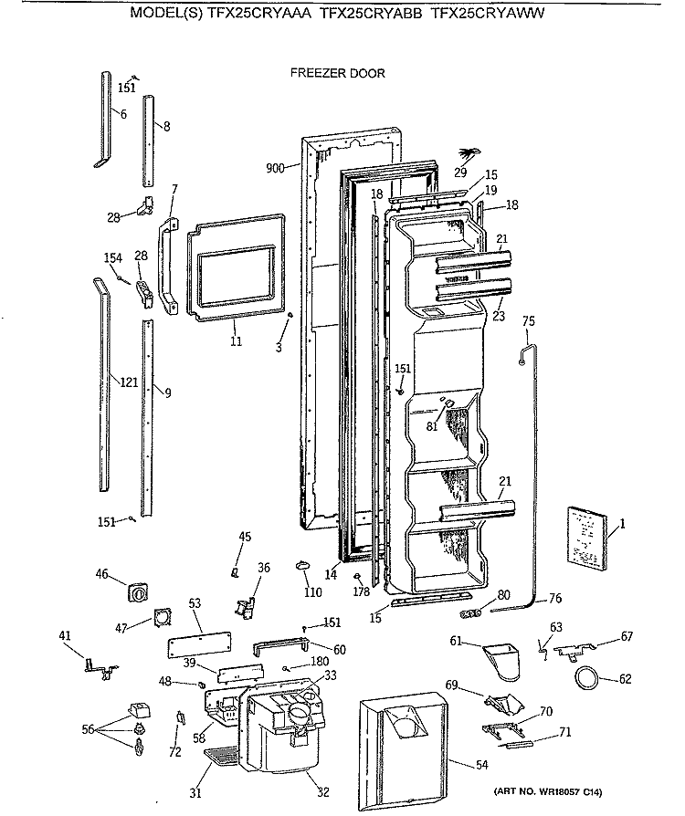 FREEZER DOOR Diagram and Parts List for TFX25CRYABB  General Electric Refrigerator