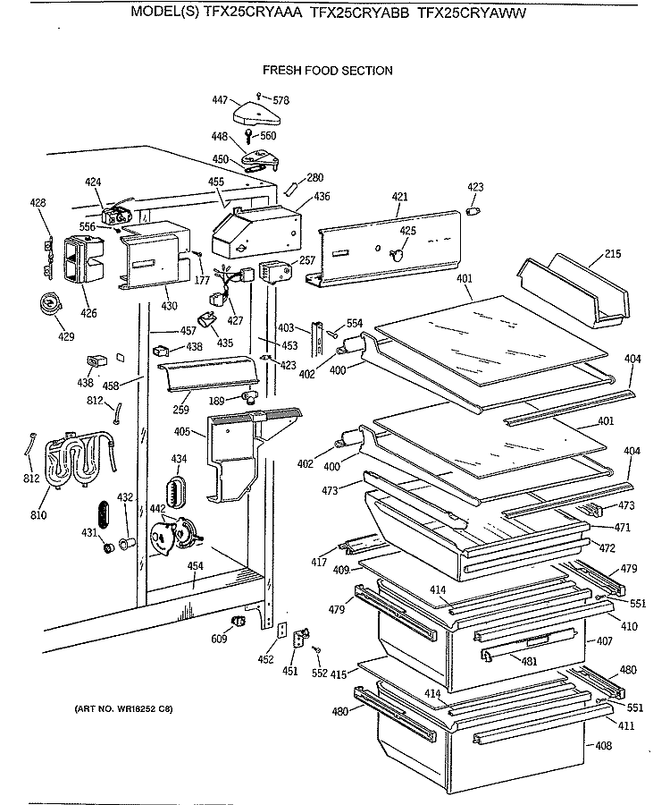 FRESH FOOD SECTION Diagram and Parts List for TFX25CRYABB  General Electric Refrigerator