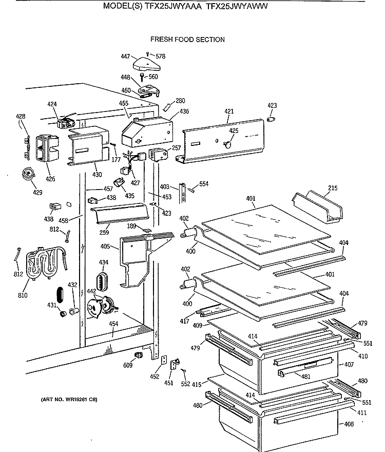 FRESH FOOD SECTION Diagram and Parts List for TFX25JWYAWW  General Electric Refrigerator