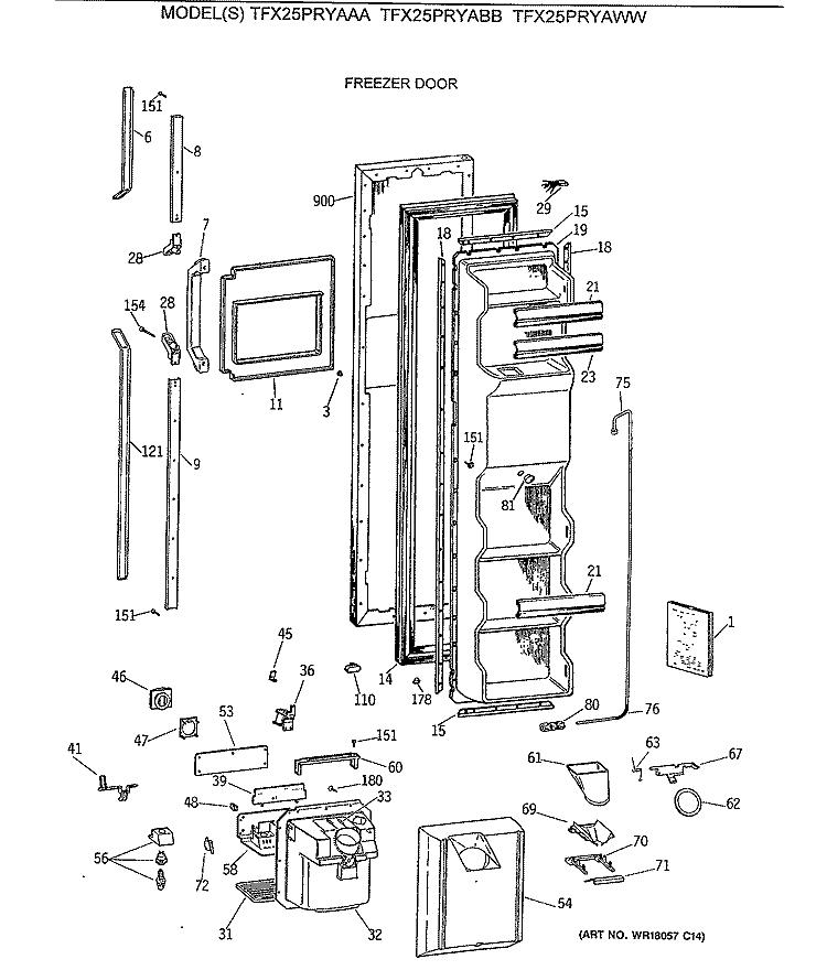 FREEZER DOOR Diagram and Parts List for TFX25PRYABB  General Electric Refrigerator